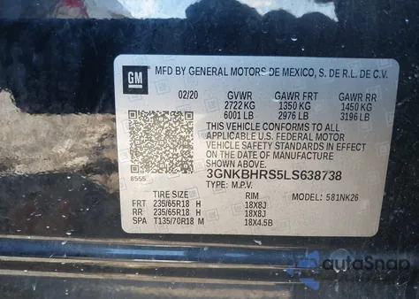 2020 Chevrolet Blazer Awd 2Lt из США, поврежденный, VIN 3GNKBHRS5LS638738